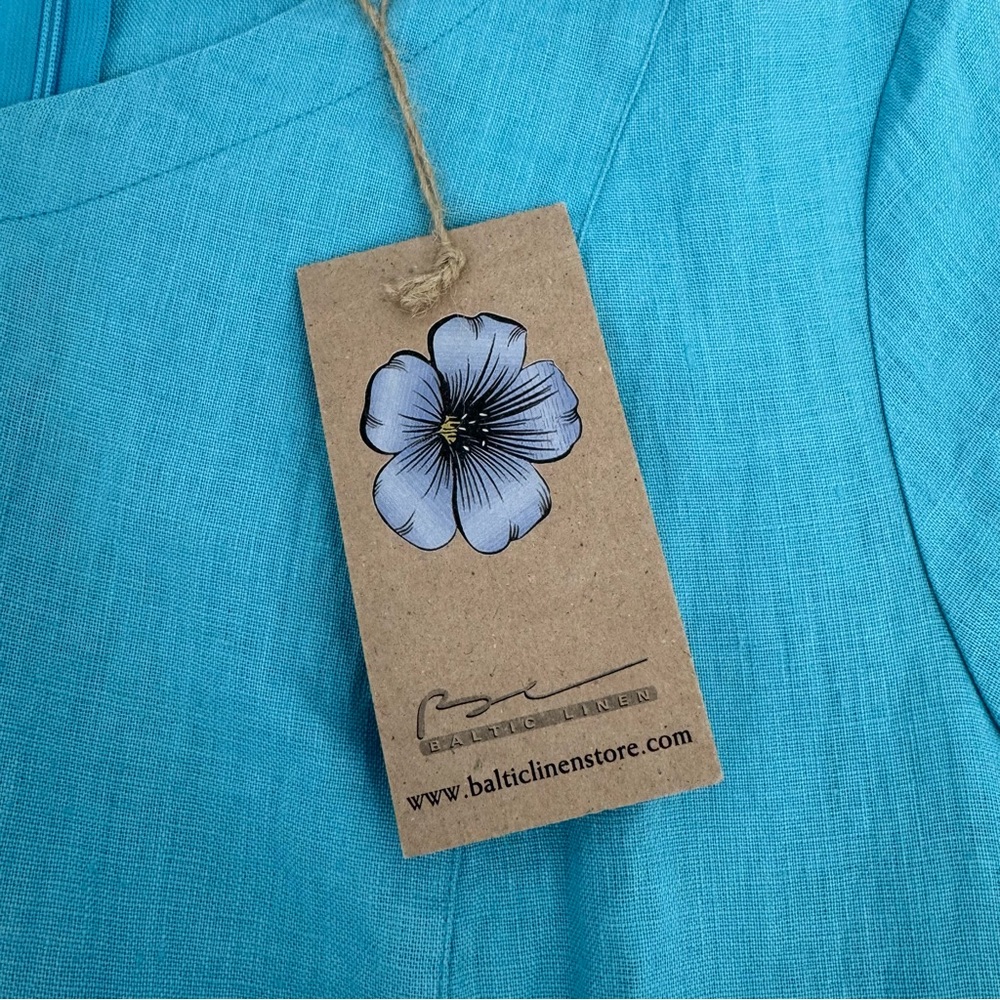 NWT Baltic Jura Linen Womens Size 46 Blue Midi Dress Short Sleeve V Neck Pockets - Picture 4 of 14